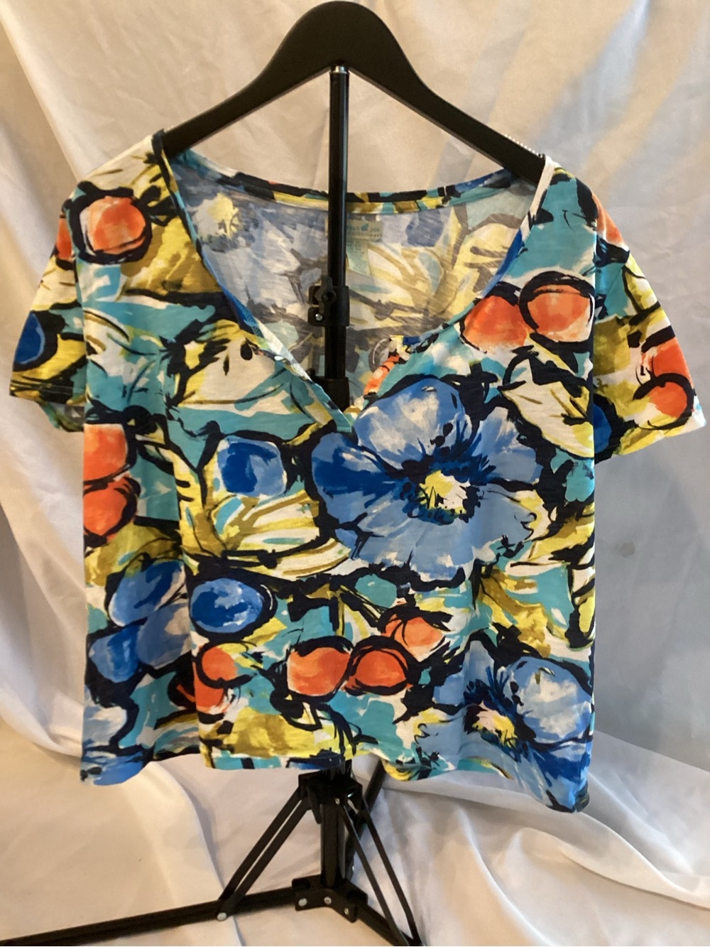 Caribbean Joe Floral V-Neck Crop Top in Blue, Orange and Yellow